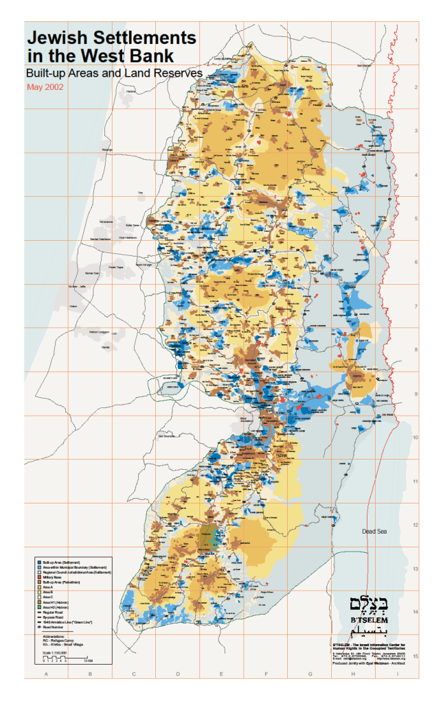Cisjordania: lo azul y celeste son las zonas ocupadas por las colonias ilegales o el ejército israelí